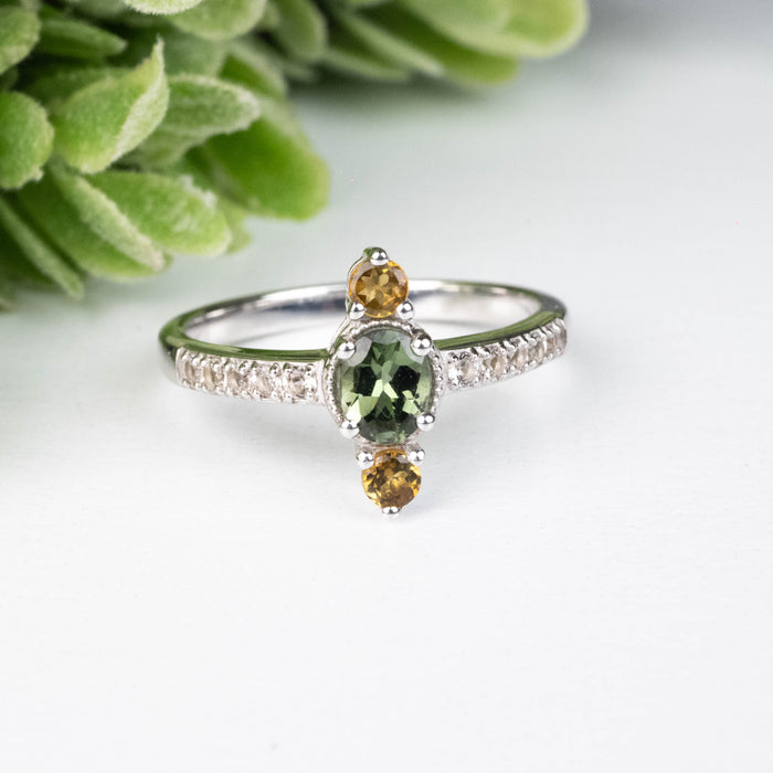 Tourmaline + White Topaz Ring 3-5mm Size 6