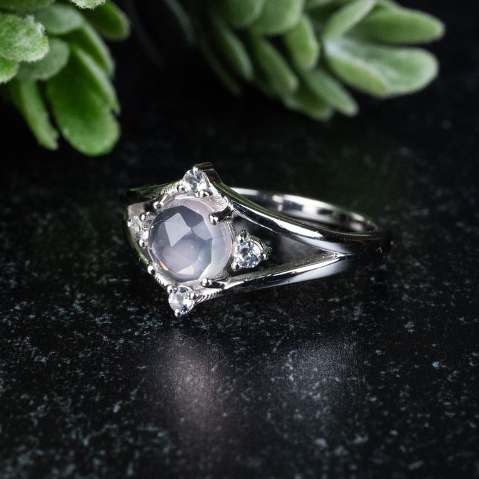 Rose Quartz + White Topaz Ring 6mm/1mm Size 7