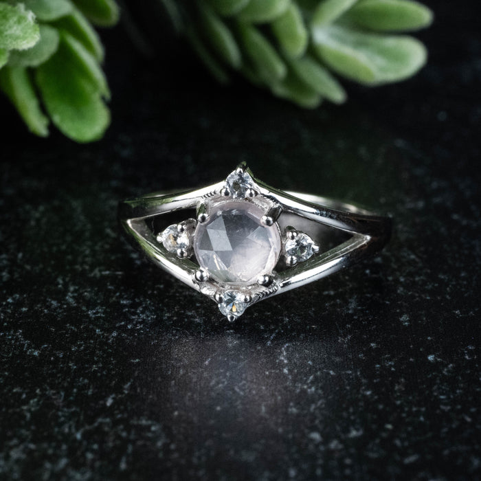 Rose Quartz + White Topaz Ring 6mm/1mm Size 7