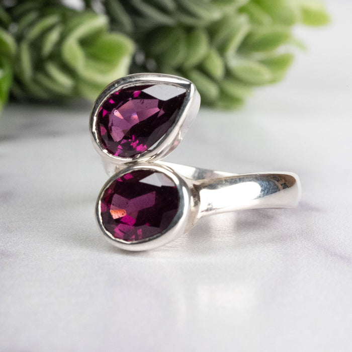 Rhodolite Garnet Ring 10x8 + 8x6mm Size 7.5