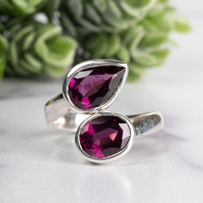 Rhodolite Garnet Ring 10x8 + 8x6mm Size 7.5