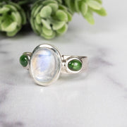Moonstone + Tsavorite Garnet Ring 10x8mm Size 7 - InnerVision Crystals