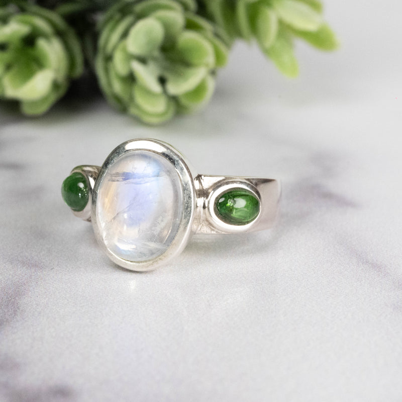 Moonstone + Tsavorite Garnet Ring 10x8mm Size 7 - InnerVision Crystals