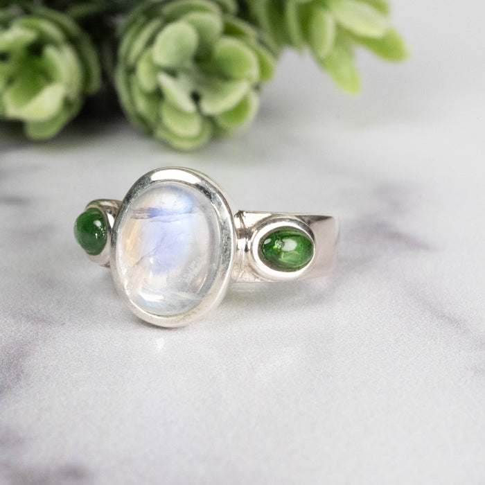 Moonstone + Tsavorite Garnet Ring 10x8mm Size 7