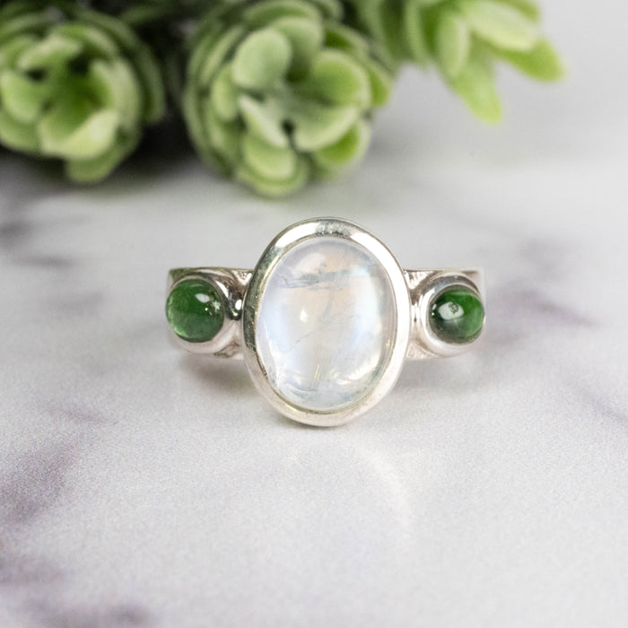 Moonstone + Tsavorite Garnet Ring 10x8mm Size 7