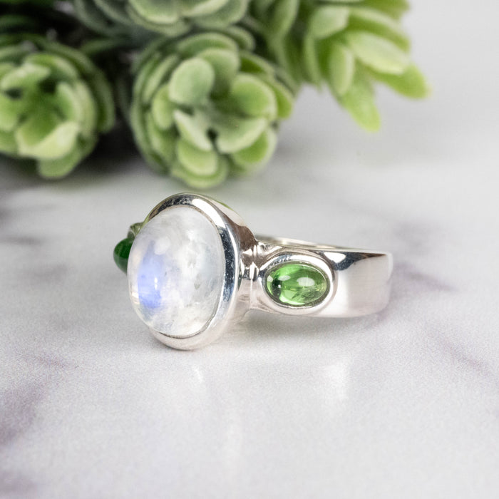 Moonstone + Tsavorite Garnet Ring 10x8mm Size 7.5