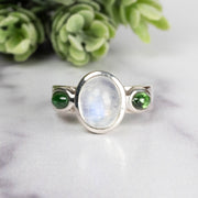Moonstone + Tsavorite Garnet Ring 10x8mm Size 7.5 - InnerVision Crystals