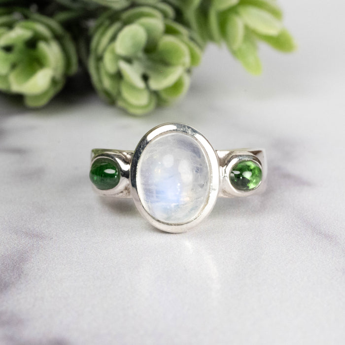 Moonstone + Tsavorite Garnet Ring 10x8mm Size 7.5