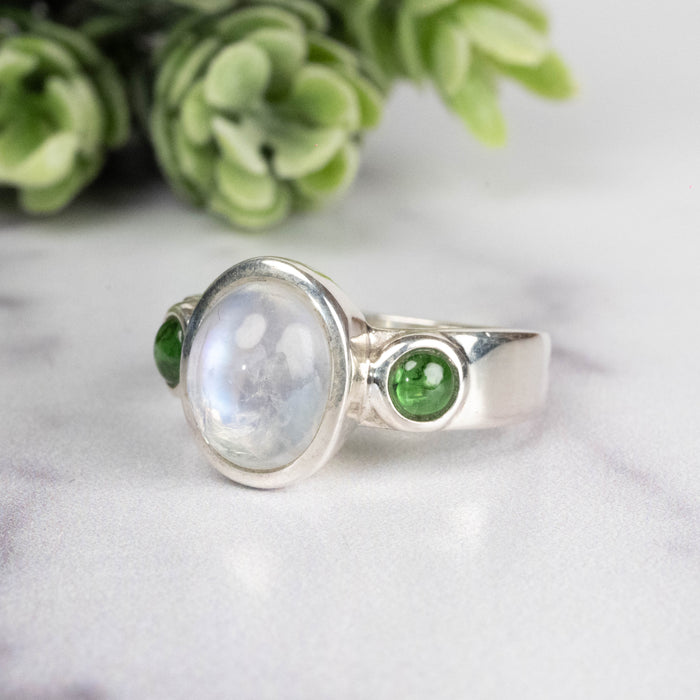 Moonstone + Tsavorite Garnet Ring 10x8mm Size 8