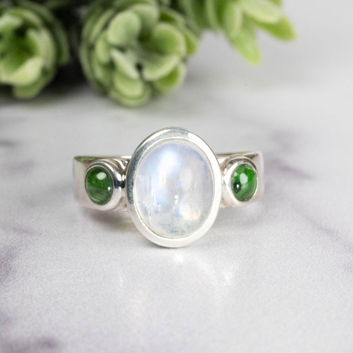 Moonstone + Tsavorite Garnet Ring 10x8mm Size 8