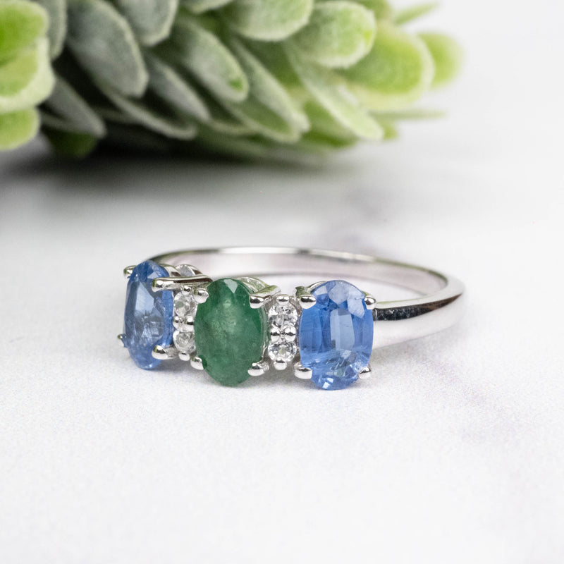 Kyanite + Emerald + White Topaz Ring 6x4mm Size 7 - InnerVision Crystals