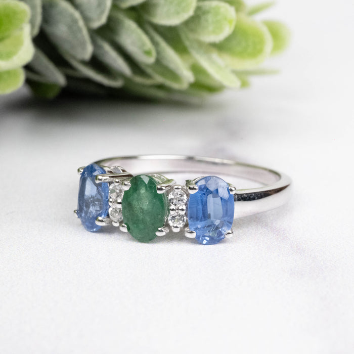 Kyanite + Emerald + White Topaz Ring 6x4mm Size 7