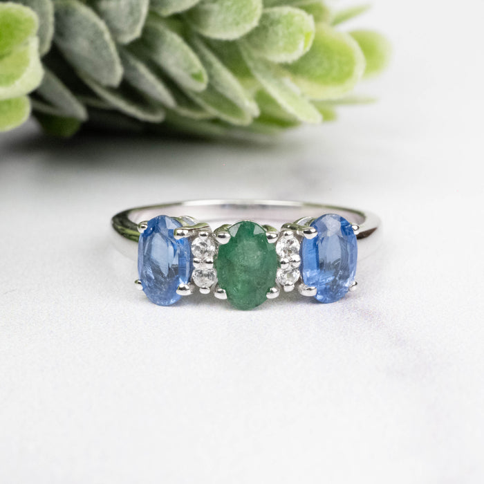 Kyanite + Emerald + White Topaz Ring 6x4mm Size 7