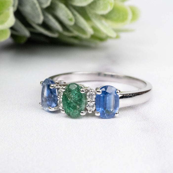 Kyanite + Emerald + White Topaz Ring 6x4mm Size 8