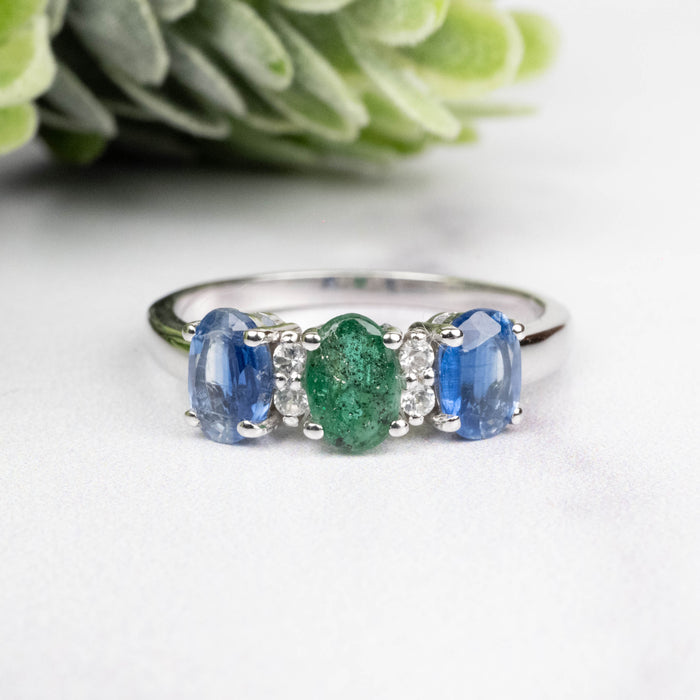 Kyanite + Emerald + White Topaz Ring 6x4mm Size 8