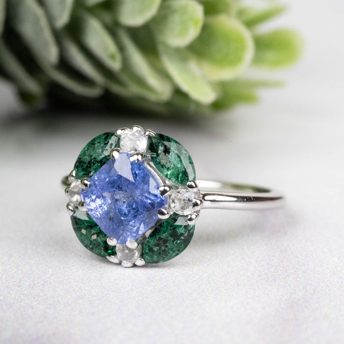 Tanzanite + Emerald + White Topaz Ring 2-5.5mm Size 5