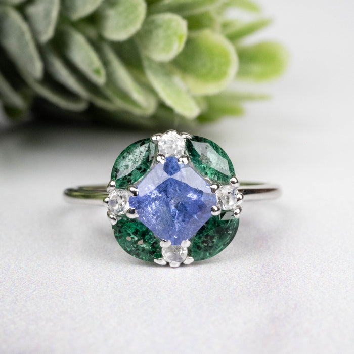 Tanzanite + Emerald + White Topaz Ring 2-5.5mm Size 5
