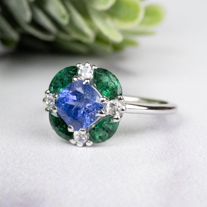 Tanzanite + Emerald + White Topaz Ring 2-5.5mm Size 5