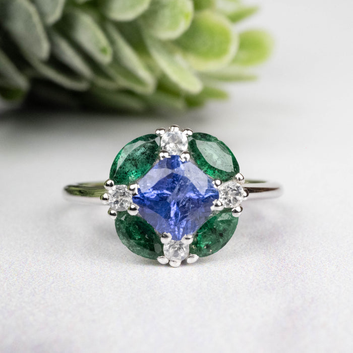 Tanzanite + Emerald + White Topaz Ring 2-5.5mm Size 5