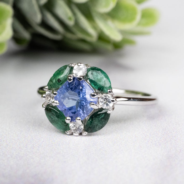 Tanzanite + Emerald + White Topaz Ring 2-5.5mm Size  6