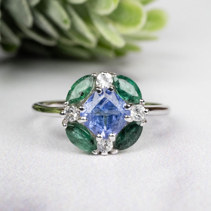 Tanzanite + Emerald + White Topaz Ring 2-5.5mm Size  6