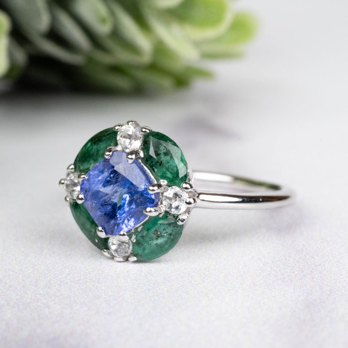 Tanzanite + Emerald + White Topaz Ring 2-5.5mm Size 6