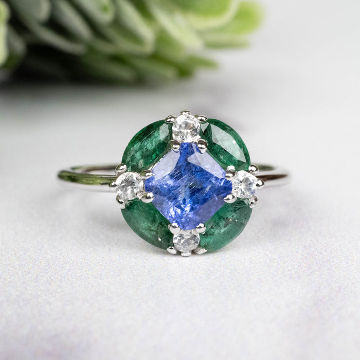 Tanzanite + Emerald + White Topaz Ring 2-5.5mm Size 6