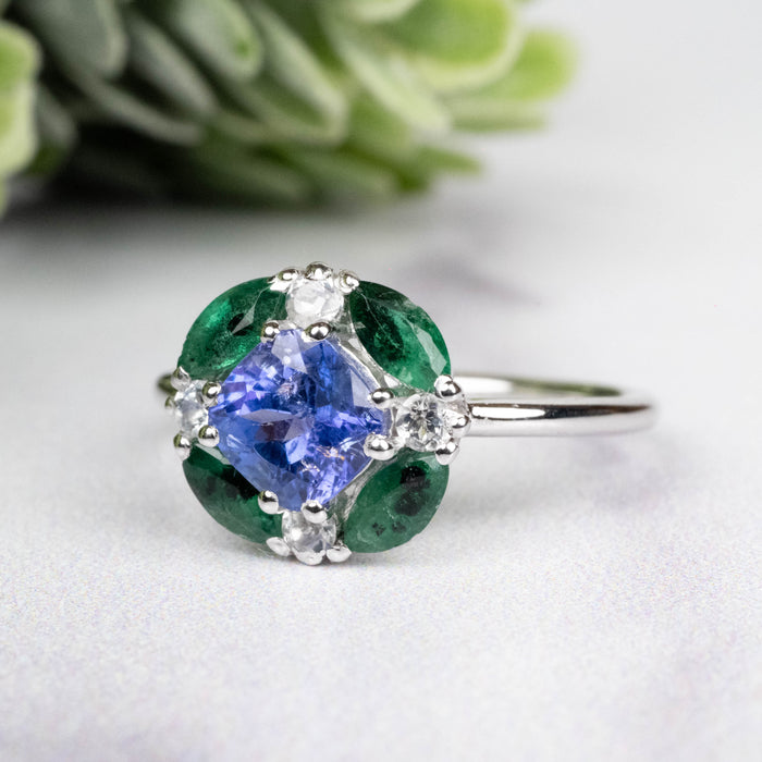 Tanzanite + Emerald + White Topaz Ring 2-5.5mm Size 6