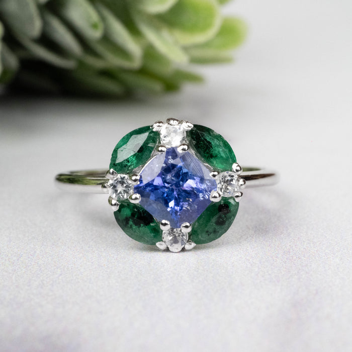 Tanzanite + Emerald + White Topaz Ring 2-5.5mm Size 6