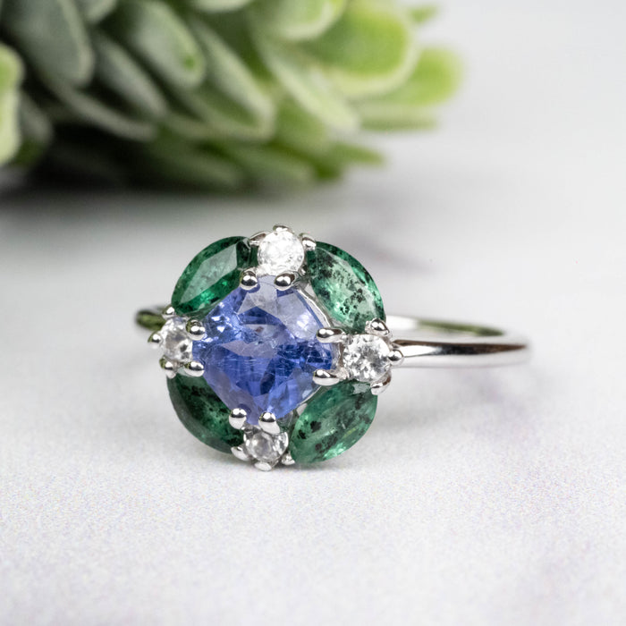 Tanzanite + Emerald + White Topaz Ring 2-5.5mm Size 6