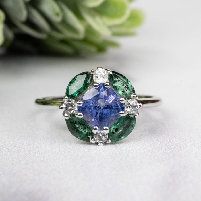 Tanzanite + Emerald + White Topaz Ring 2-5.5mm Size 6