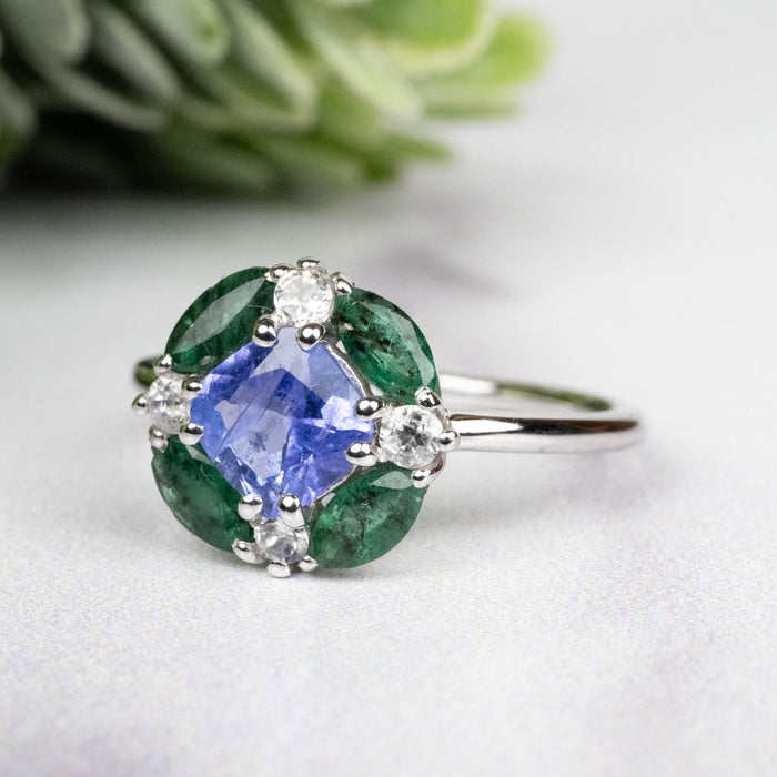 Tanzanite + Emerald + White Topaz Ring 2-5.5mm Size 6