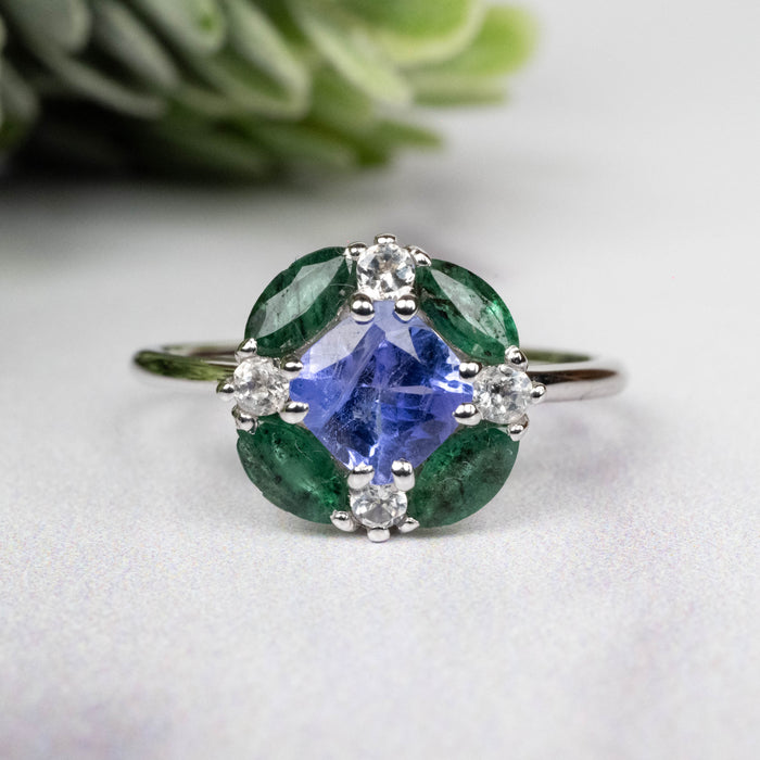 Tanzanite + Emerald + White Topaz Ring 2-5.5mm Size 6