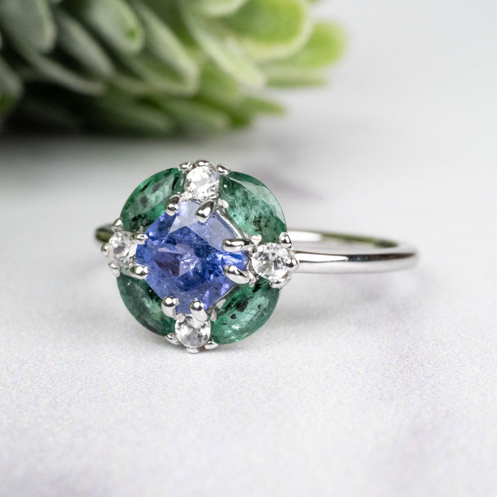 Tanzanite + Emerald + White Topaz Ring 2-5.5mm Size 7