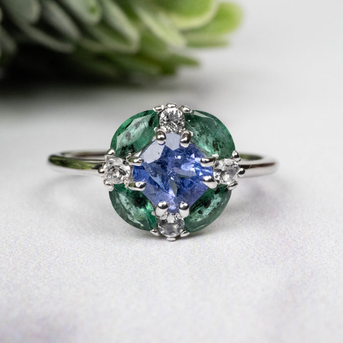 Tanzanite + Emerald + White Topaz Ring 2-5.5mm Size 7