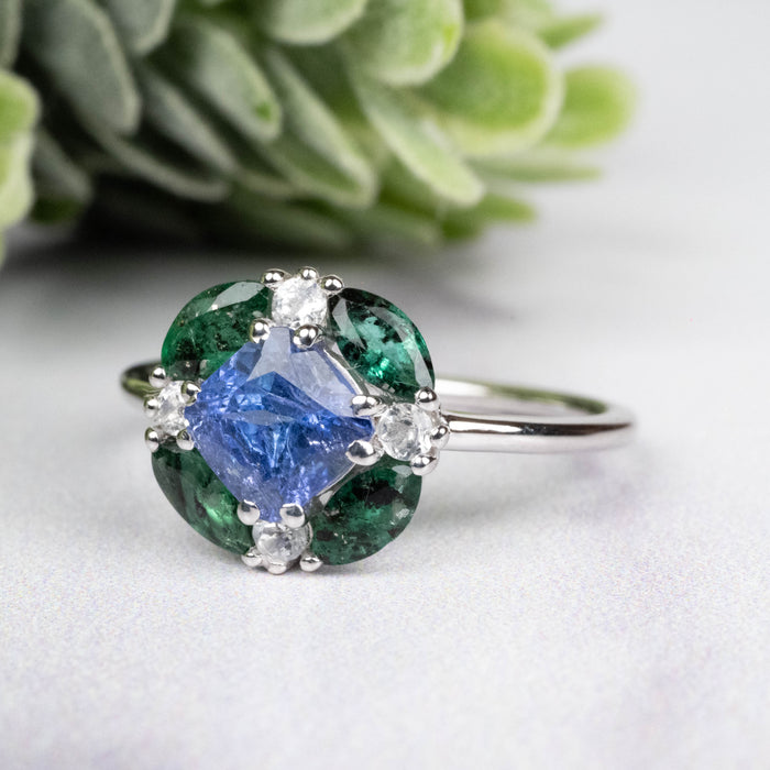 Tanzanite + Emerald + White Topaz Ring 2-5.5mm Size 7