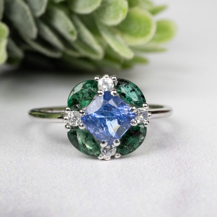 Tanzanite + Emerald + White Topaz Ring 2-5.5mm Size 7