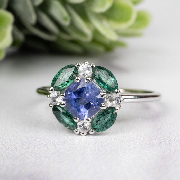 Tanzanite + Emerald + White Topaz Ring 2-5.5mm Size 7