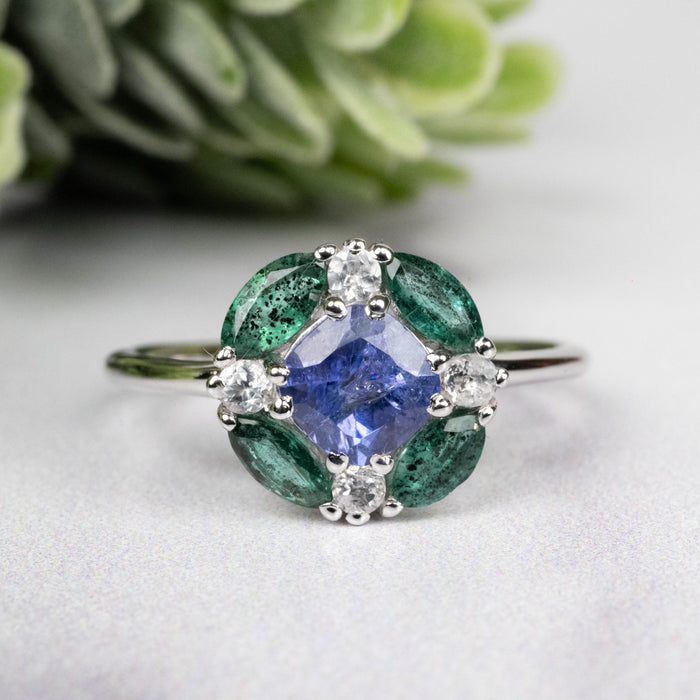 Tanzanite + Emerald + White Topaz Ring 2-5.5mm Size 7