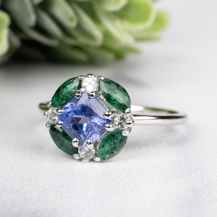 Tanzanite + Emerald + White Topaz Ring 2-5.5mm Size 7