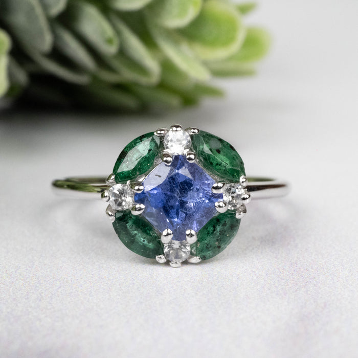 Tanzanite + Emerald + White Topaz Ring 2-5.5mm Size 7