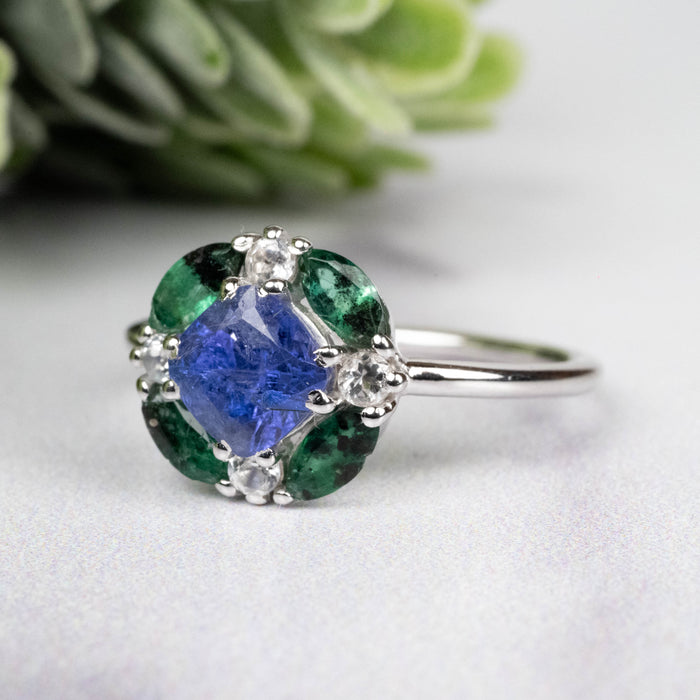 Tanzanite + Emerald + White Topaz Ring 2-5.5mm Size 7