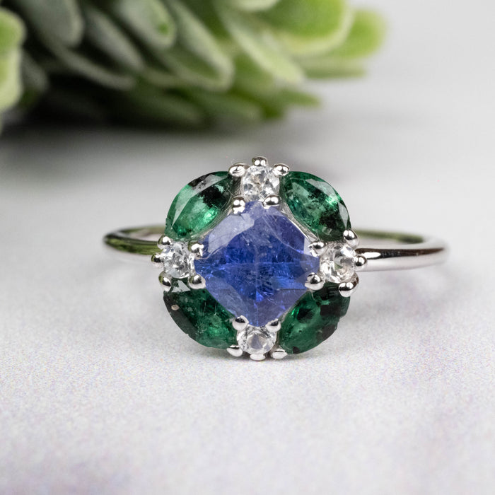 Tanzanite + Emerald + White Topaz Ring 2-5.5mm Size 7