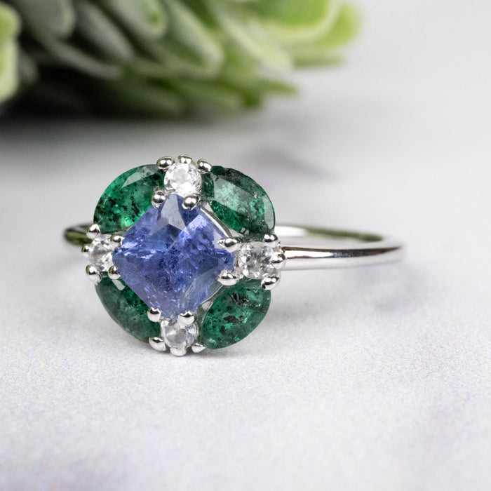 Tanzanite + Emerald + White Topaz Ring 2-5.5mm Size 7