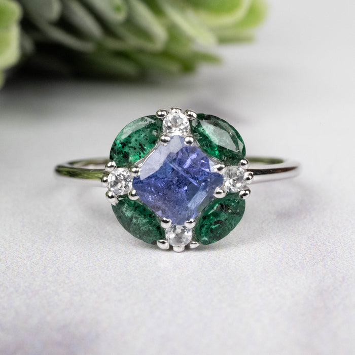 Tanzanite + Emerald + White Topaz Ring 2-5.5mm Size 7