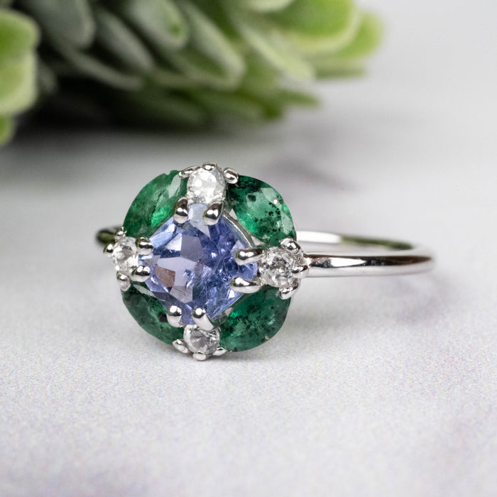 Tanzanite + Emerald + White Topaz Ring 2-5.5mm Size 7