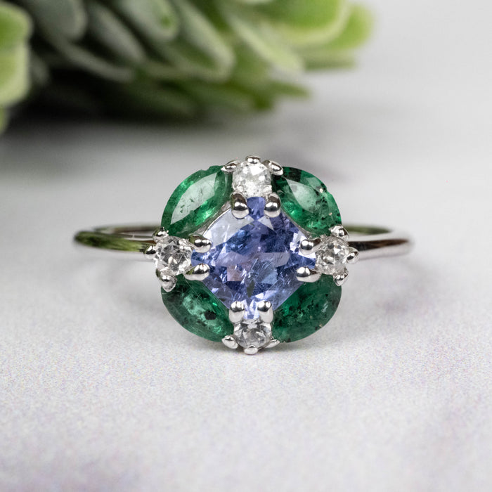 Tanzanite + Emerald + White Topaz Ring 2-5.5mm Size 7