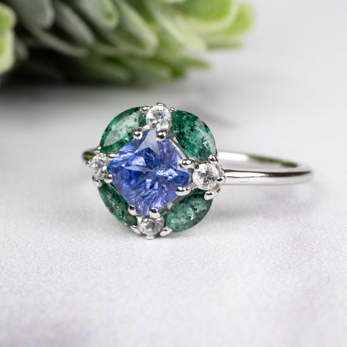 Tanzanite + Emerald + White Topaz Ring 2-5.5mm Size 7