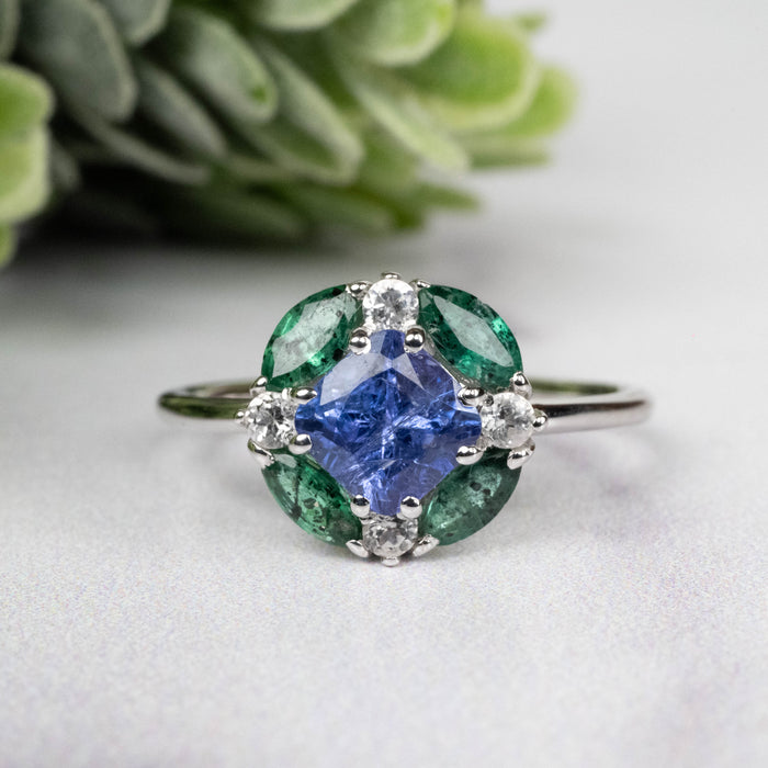 Tanzanite + Emerald + White Topaz Ring 2-5.5mm Size 7