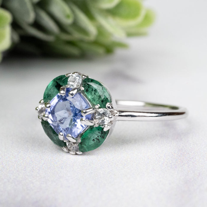 Tanzanite + Emerald + White Topaz Ring 2-5.5mm Size 8